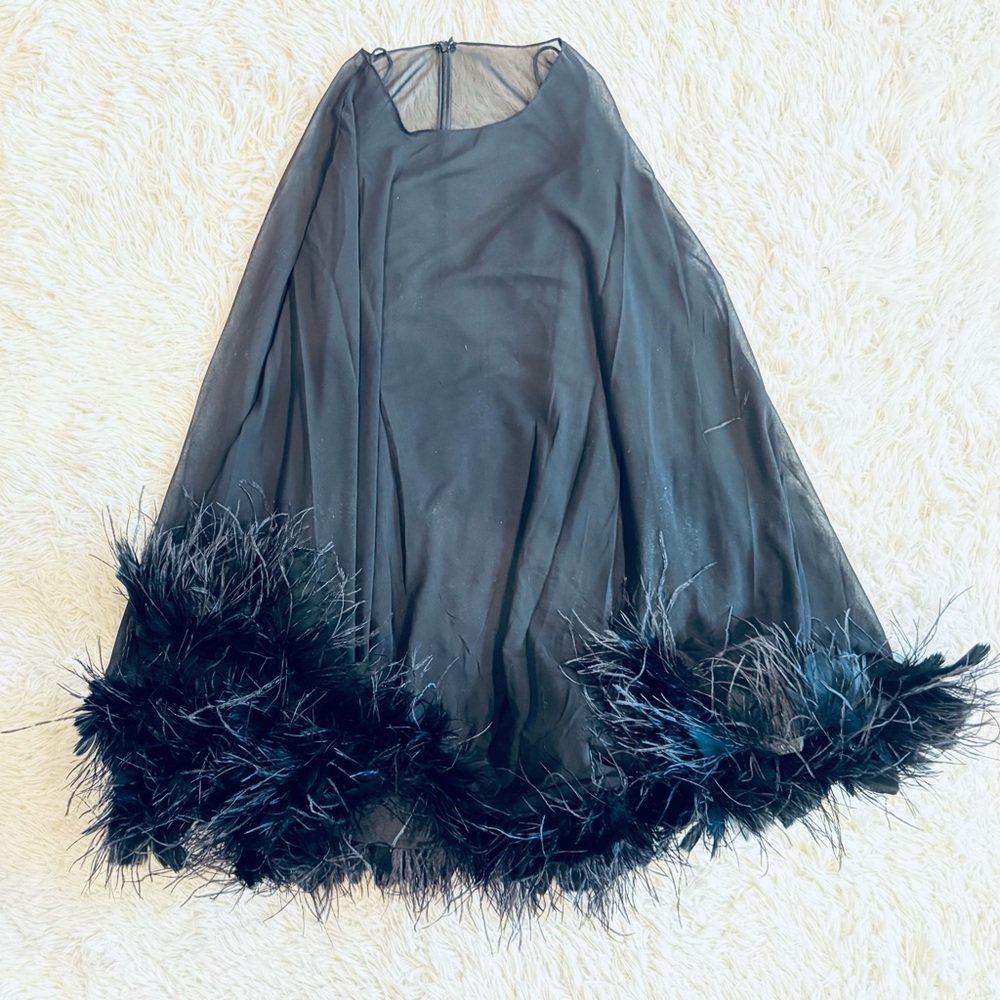 Mac Duggal Black Sheer Cape Mini with Feather Hem - Picture 2 of 6